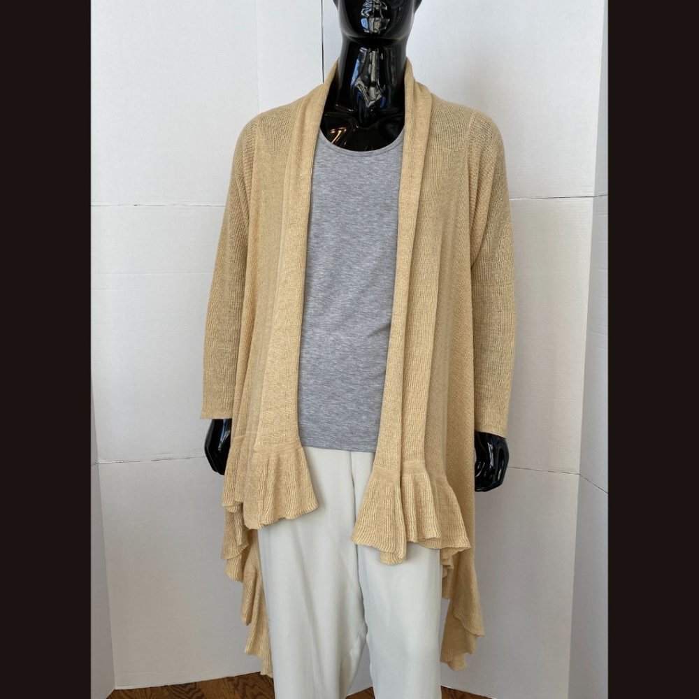 Lauren Ralph Lauren Buttery Tan Beige Ruffled Hi Lo Knit Cardigan One Size